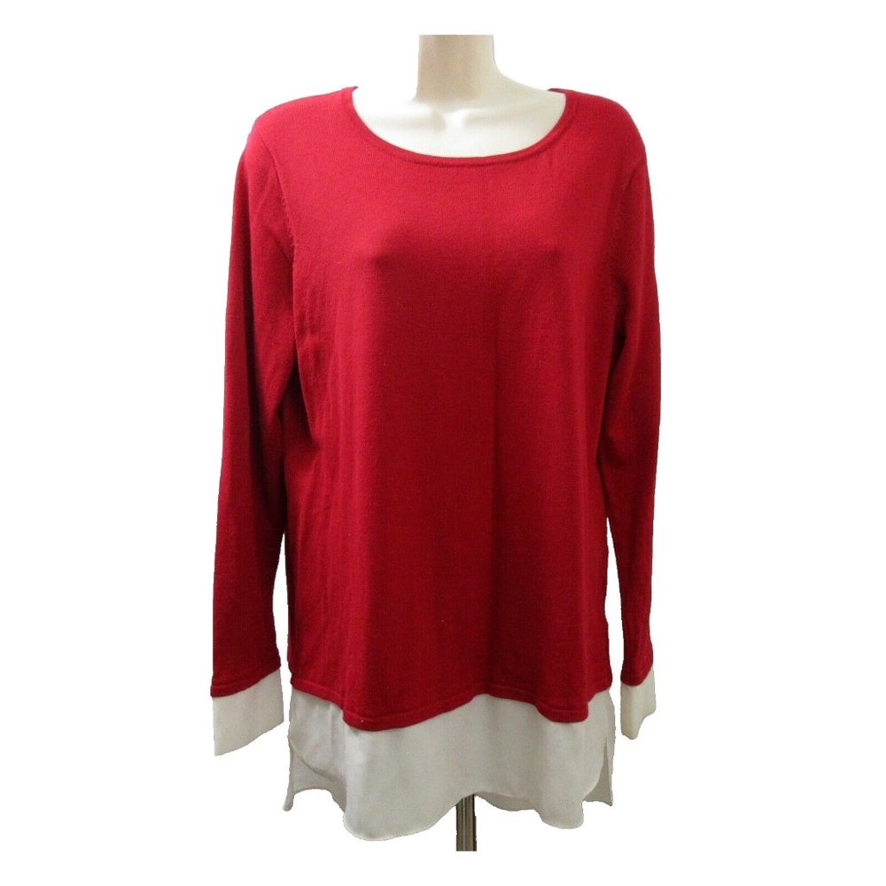 Susan Graver Red Sweater with White Under Blouse Sz Medium Layered 2-Piece Look